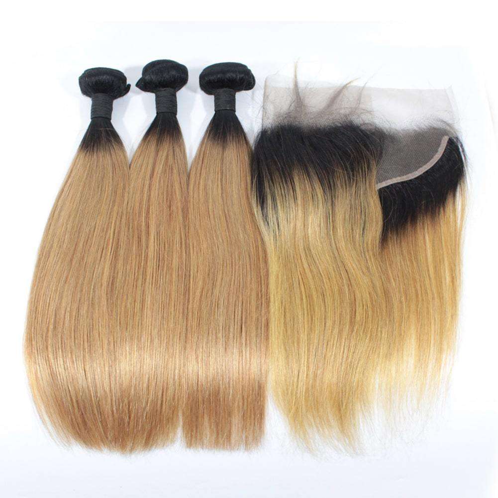Forawme Bundles With Closure 10 12 14 Inch / With 10 Inch Lace Closure 1b/27 Brazilian Straight Hair Bundles With Lace Frontal Ombre Blonde 2 Tone Dark Root