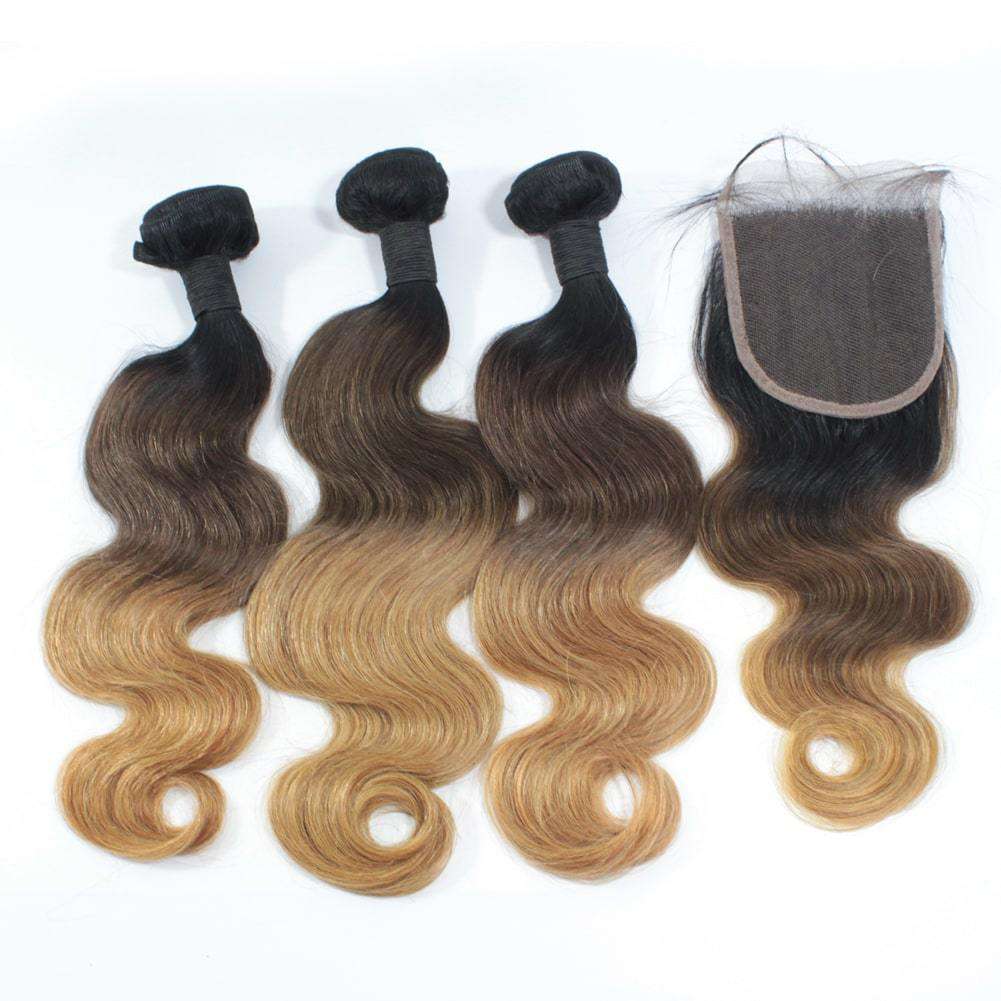 Forawme Bundles With Closure 10 12 14 Inch / With 10 Inch Lace Closure 1B/4/27 Brazilian Body Wave 3 Bundles Human Hair Weaving With 4X4 Lace Closure Honey Blonde Hair