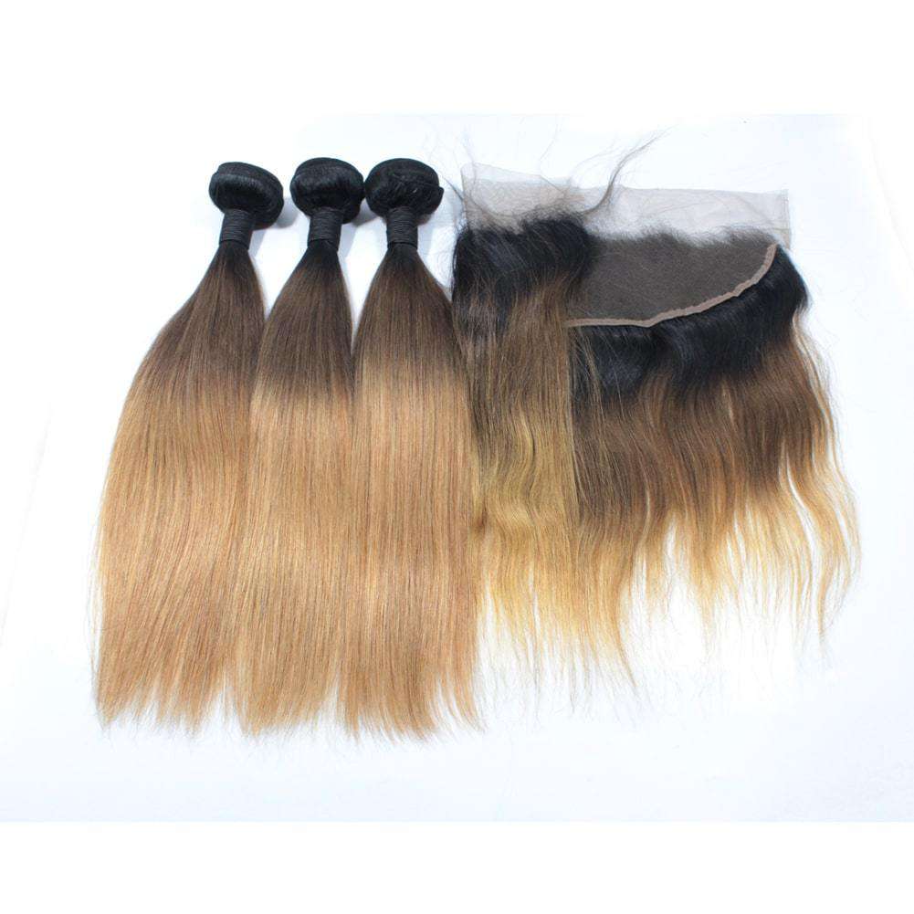 Forawme Bundles With Closure 10 12 14 Inch / With 10 Inch Lace Closure 1b/4/27 Straight Hair 3 Bundles With Lace Frontal Closure Brazilian Ombre Hair