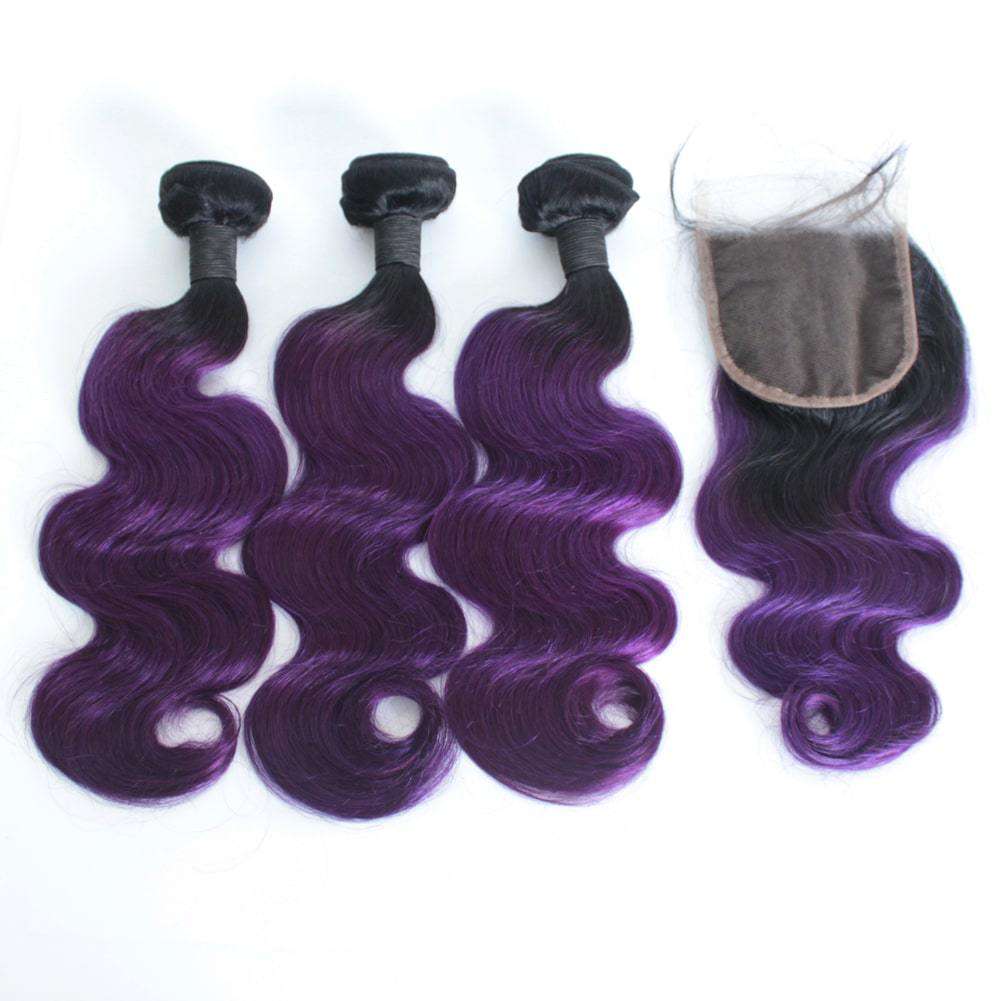 Forawme Bundles With Closure 10 12 14 Inch / With 10 Inch Lace Closure 1B/Purple Human Hair Body Wave 3 Bundles Weaving Hair With Top 4X4 Lace Closure Ombre 2 Tone Hair