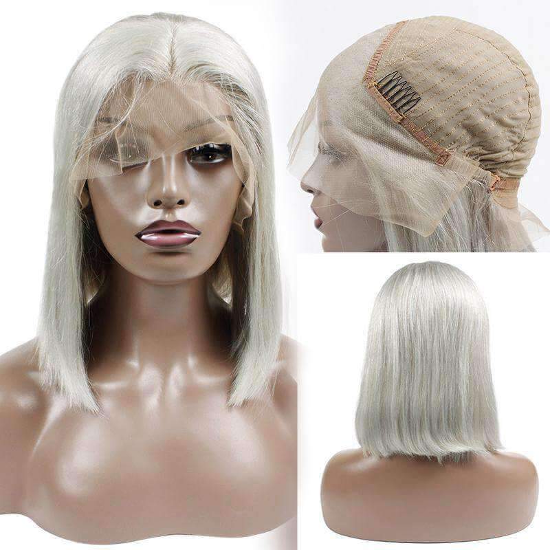 Forawme Bob Lace Wigs Lace Bob Wigs Grey Straight Human Hair Pre Plucked Swiss Lace Frontal Wig