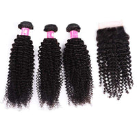 Forawme Bundles With Closure 10 12 14+8 Inch / Transparent Invisible Lace Brazilian Human Hair Kinky Curly Bundles With Lace Closure 4X4