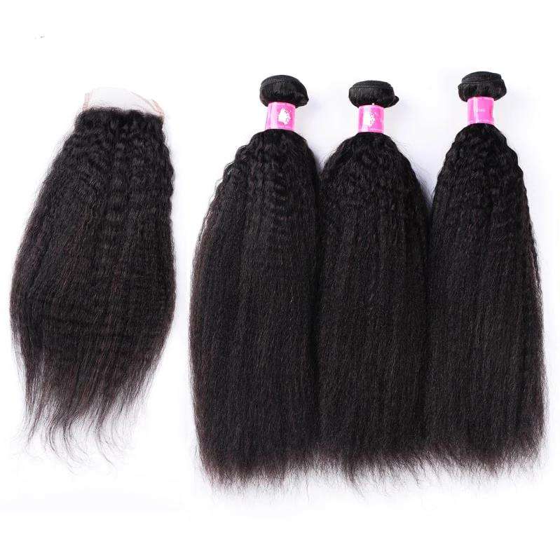 Forawme Bundles With Closure 10 12 14+8 Inch / Transparent Invisible Lace Brazilian Kinky Straight Weave 3/4 Bundles With 4x4-Lace Closures