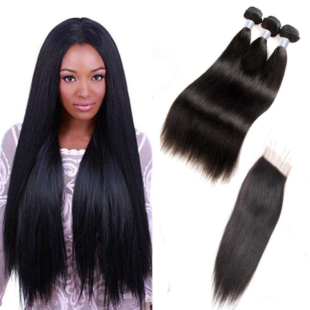 Forawme Bundles With Closure 10 12 14+8 Inch / Transparent Invisible Lace Brazilian Virgin Hair Straight Hair Bundles With 4X4 Top Lace Closure
