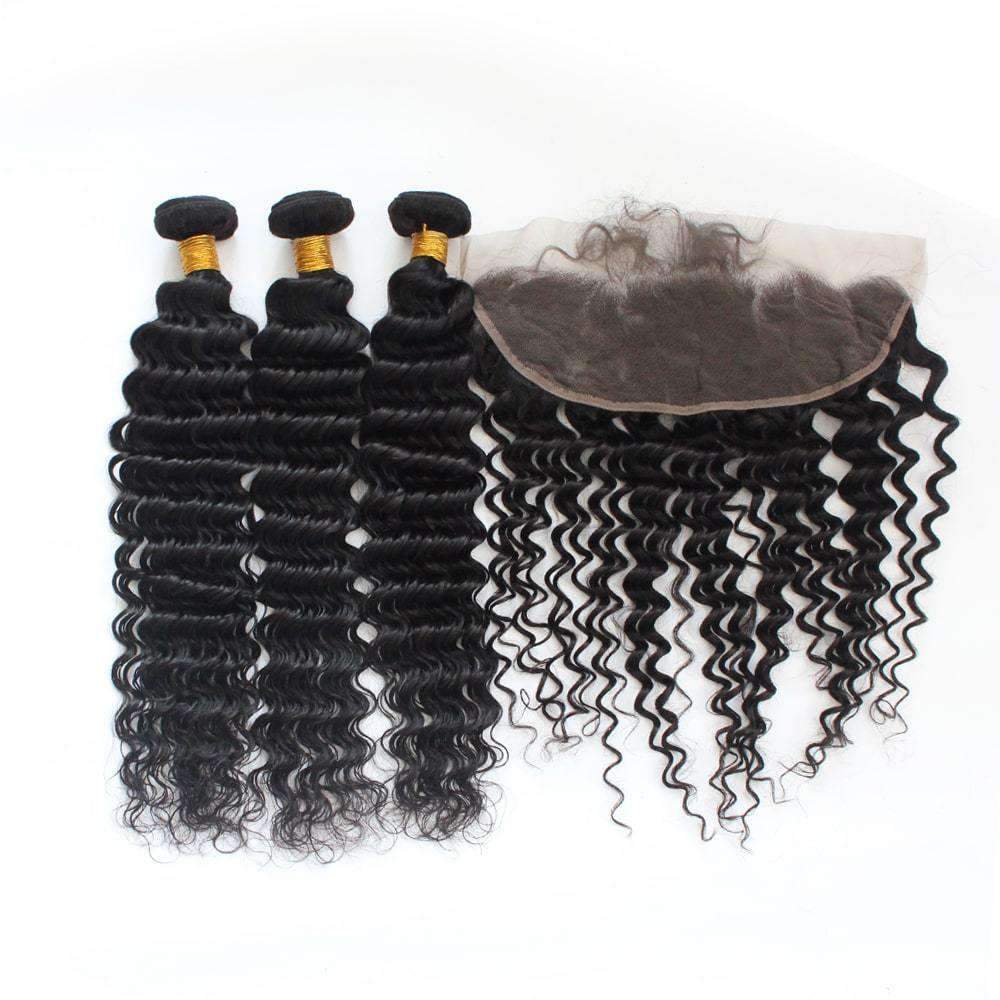 Forawme Bundles With Closure 10 12 14+ Closure 8 / Transparent Invisible Lace Deep Wave Hair Bundles With 13X4 Lace Closure Frontal