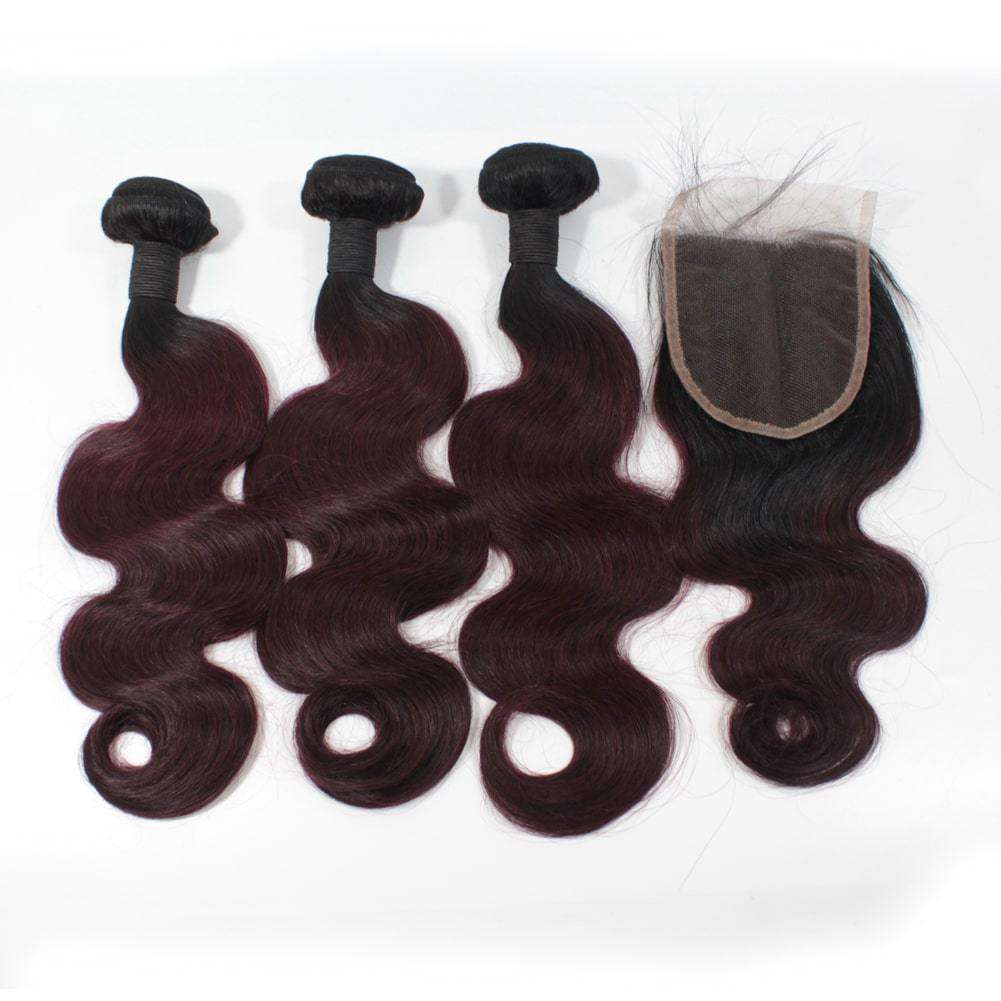 Forawme Bundles With Closure 10 12 14 Inch / With 10 Inch Lace Closure 10A Ombre 1B/99 Burgundy Body wave 3 Bundles Weaving Hair With 1 Piece Top Closure