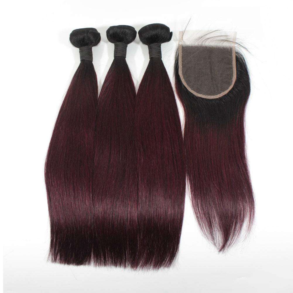 Forawme Bundles With Closure 10 12 14 Inch / With 10 Inch Lace Closure 10A Omrbe Hair 1b/99j Burgundy Hair Bundles With Top Closure Mink Straight Hair