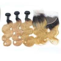 Forawme Bundles With Closure 10 12 14 Inch / With 10 Inch Lace Closure 1b/27 Body Wave Ombre Hair Bundles With 13x4 Lace Frontal Closure Honey Blonde Hair