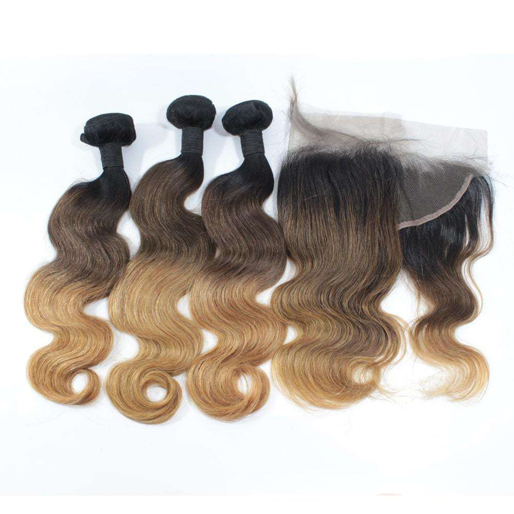 Forawme Bundles With Closure 10 12 14 Inch / With 10 Inch Lace Closure 1B/4/27 Ombre Blonde Hair Brailian Weaving Hair 3Bundles With Lace Frontal Closure Free Part