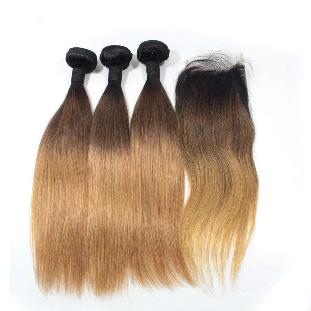 Forawme Bundles With Closure 10 12 14 Inch / With 10 Inch Lace Closure 1B/4/27 Ombre Three Tone Human Hair Bundles With Top Lace Closure Honey Blonde Straight Hair