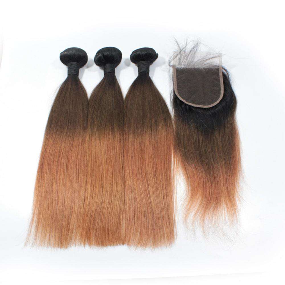 Forawme Bundles With Closure 10 12 14 Inch / With 10 Inch Lace Closure 1B/4/30 Ombre 3 Tone Human Hair Straight Bundles With 1 Piece Top Closure Free Part