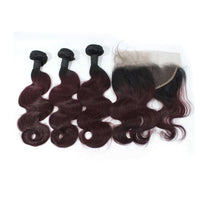 Forawme Bundles With Closure 10 12 14 Inch / With 10 Inch Lace Closure 1B/99j Ombre Burgundy Human Hair Body Wave 3 Bundles With 13X4 Lace Frontal Ear to ear Closure