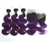 1B/Purple Body Wave Bundles With 13X4 Lace Frontal Closure 10A Grade Brazilian Human Hair Ombre