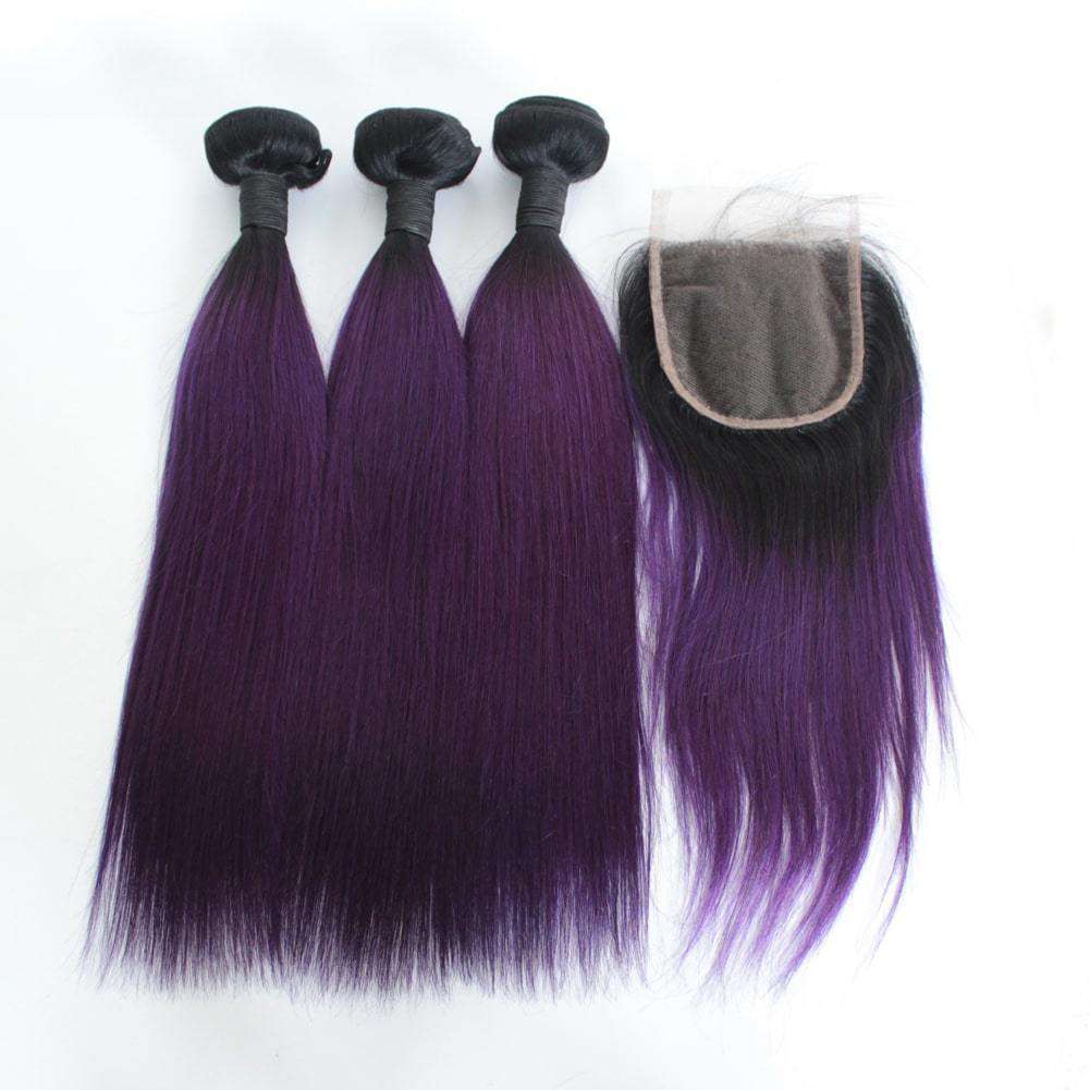 Forawme Bundles With Closure 10 12 14 Inch / With 10 Inch Lace Closure 1B/Purple Mink Straight 3 Bundles With 1 Piece Top Closure Free Part Ombre Human Hair