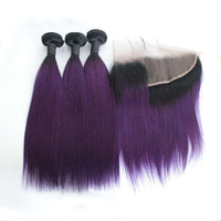 Forawme Bundles With Closure 10 12 14 Inch / With 10 Inch Lace Closure 1B/Purple Straight Hair Bundles With Lace Frontal Ombre Dark Root