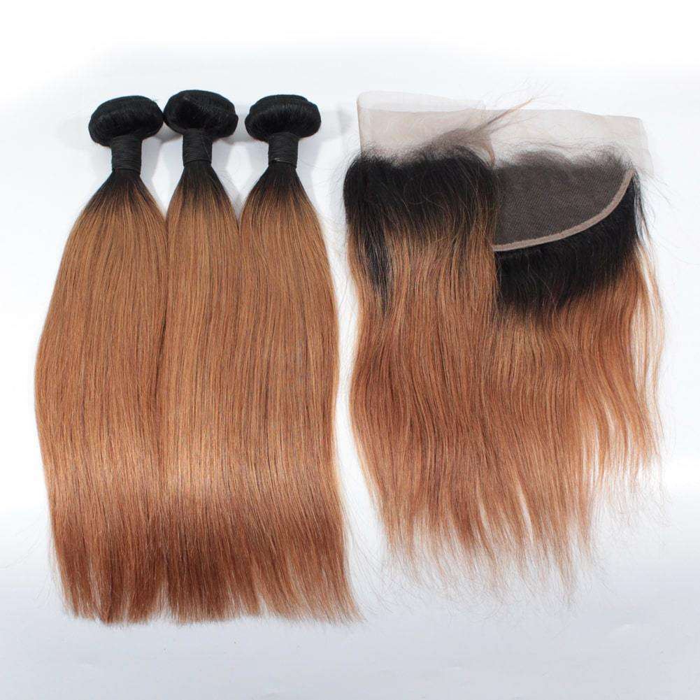Forawme Bundles With Closure 10 12 14 Inch / With 10 Inch Lace Closure Ombre 1b/30 Brazilian Straight Hair 3 Bundles With Lace Frontal Pre Plucked Ash brown