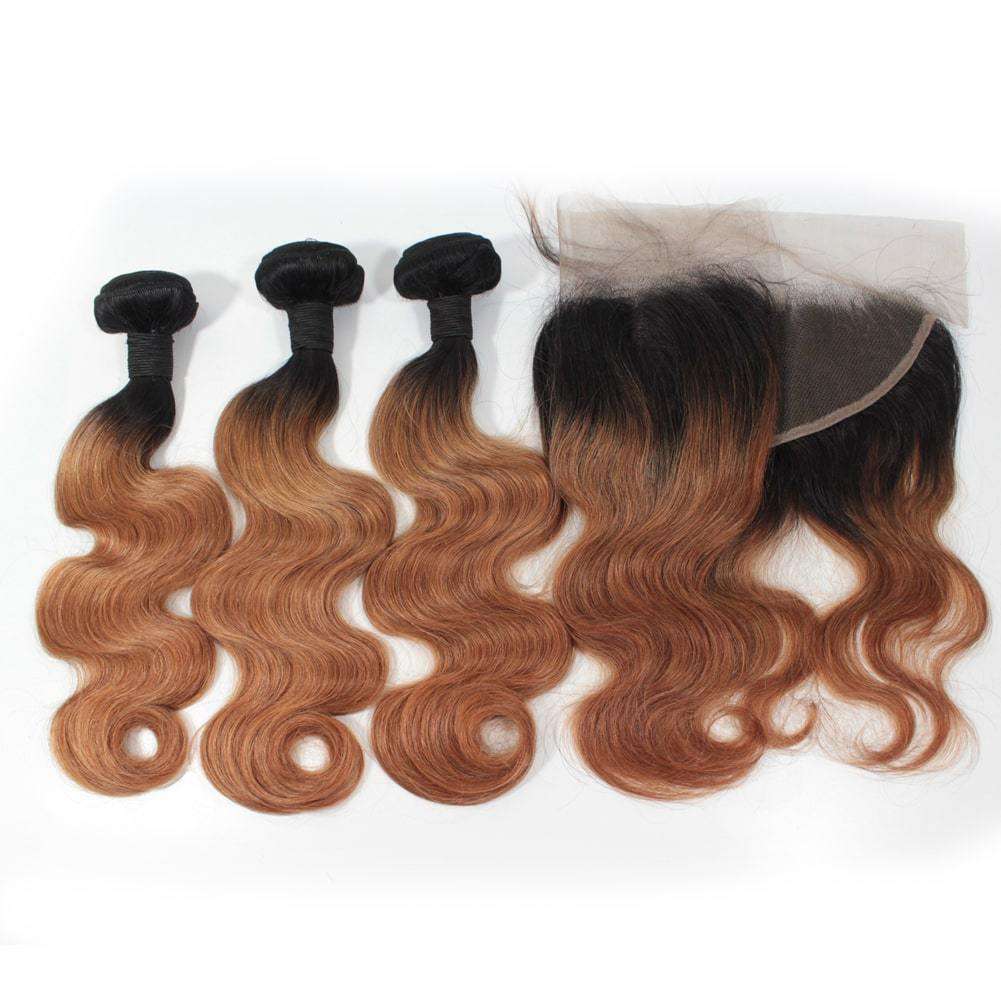 Forawme Bundles With Closure 10 12 14 Inch / With 10 Inch Lace Closure Ombre 1B/30 Two Tone Brown Dark Root Brazilian Hair Body Wave 3 Bundles With 13*4 Lace Frontal