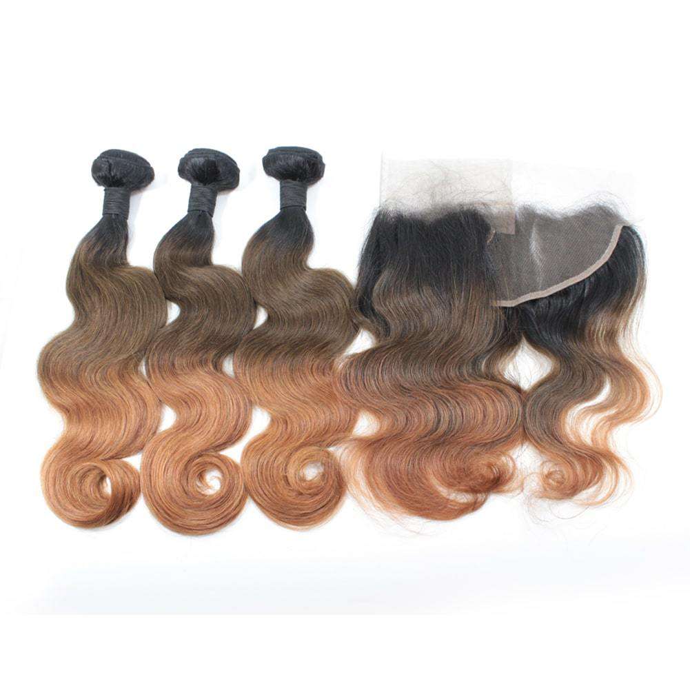 Forawme Bundles With Closure 10 12 14 Inch / With 10 Inch Lace Closure Ombre 1b/4/30 Brazilian Weaving Hair Bundles With13*4 Lace Frontal Free Part Body Wave