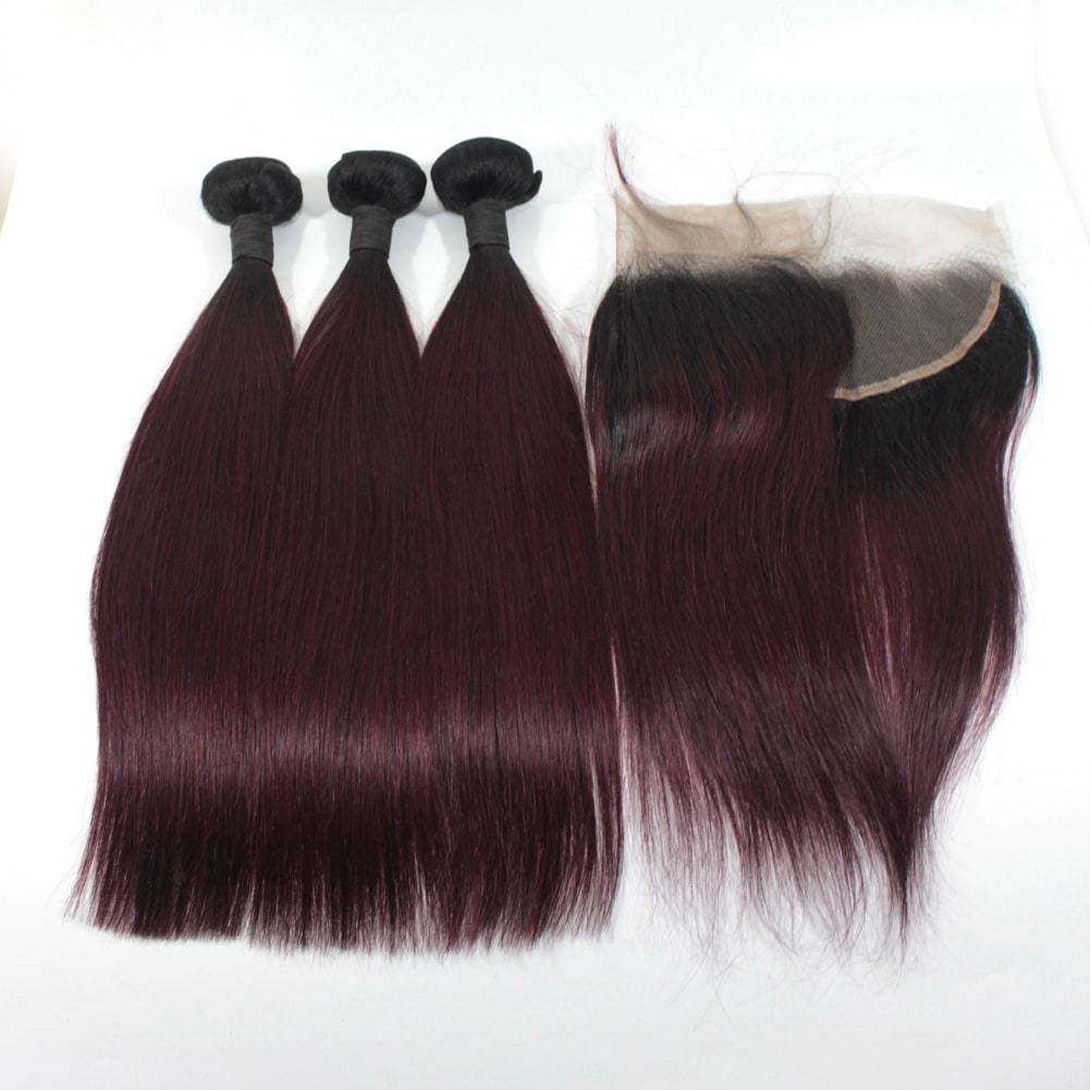 Forawme Bundles With Closure 10 12 14 Inch / With 10 Inch Lace Closure Ombre 1B/99j Burgundy Brazilian Silky Straight 3 Bundles With Lace Frontal Free Part Straight Hair