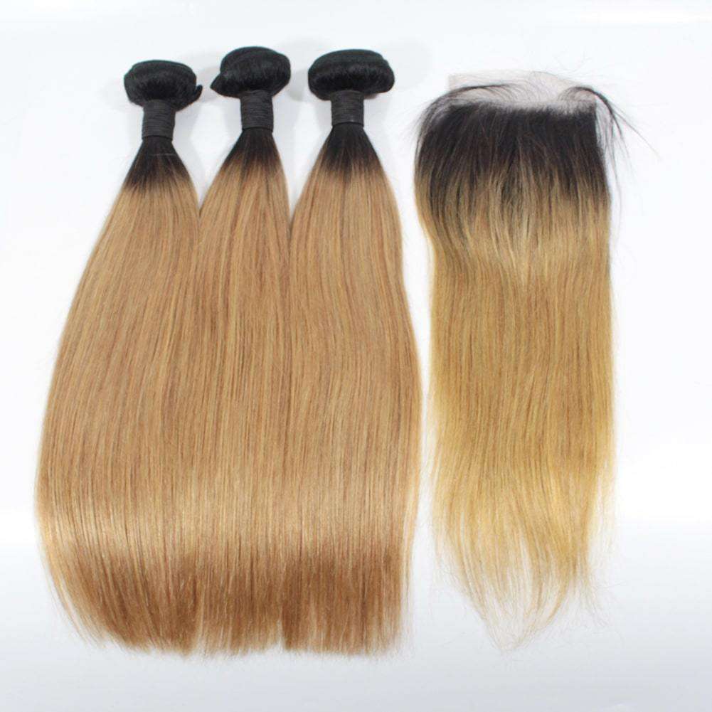 Forawme Bundles With Closure 10 12 14 Inch / With 10 Inch Lace Closure Ombre Hair 1B/27 Blonde Hair Bundles With Closure Dark Root Hair Straight Human Hair