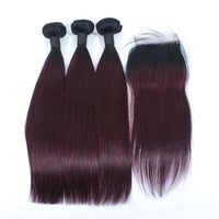 Forawme Bundles With Closure 10A Omrbe Hair 1b/99j Burgundy Hair Bundles With Top Closure Mink Straight Hair