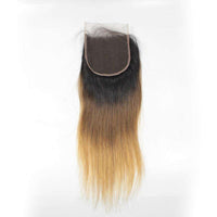 Forawme Bundles With Closure 1B/4/27 Ombre Three Tone Human Hair Bundles With Top Lace Closure Honey Blonde Straight Hair