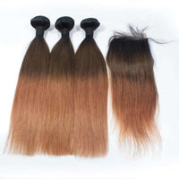 Forawme Bundles With Closure 1B/4/30 Ombre 3 Tone Human Hair Straight Bundles With 1 Piece Top Closure Free Part