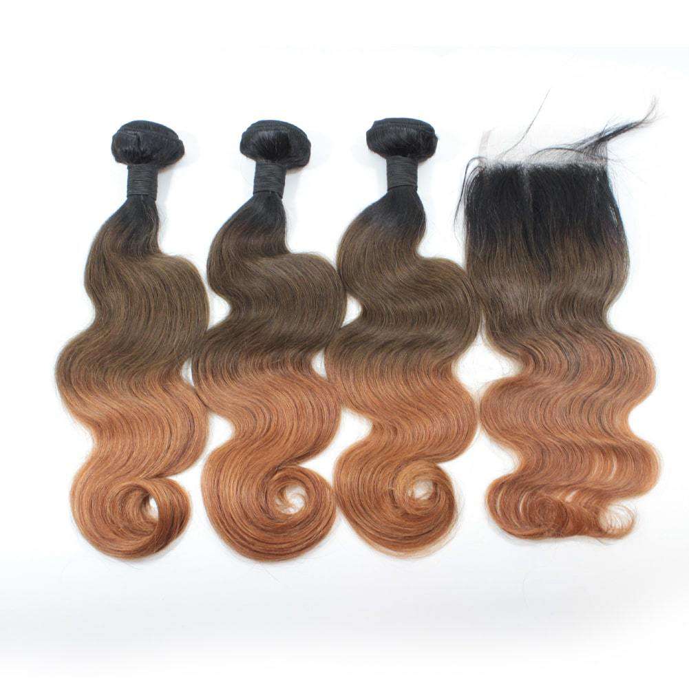 Forawme Bundles With Closure 1B/4/30 Ombre Ash Brown Body Wave Human Hair Bundles With Top 4X4 Lace Closure Free Part Human Hair