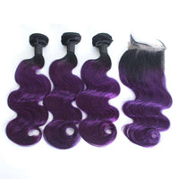 Forawme Bundles With Closure 1B/Purple Human Hair Body Wave 3 Bundles Weaving Hair With Top 4X4 Lace Closure Ombre 2 Tone Hair