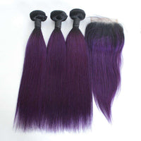 Forawme Bundles With Closure 1B/Purple Mink Straight 3 Bundles With 1 Piece Top Closure Free Part Ombre Human Hair