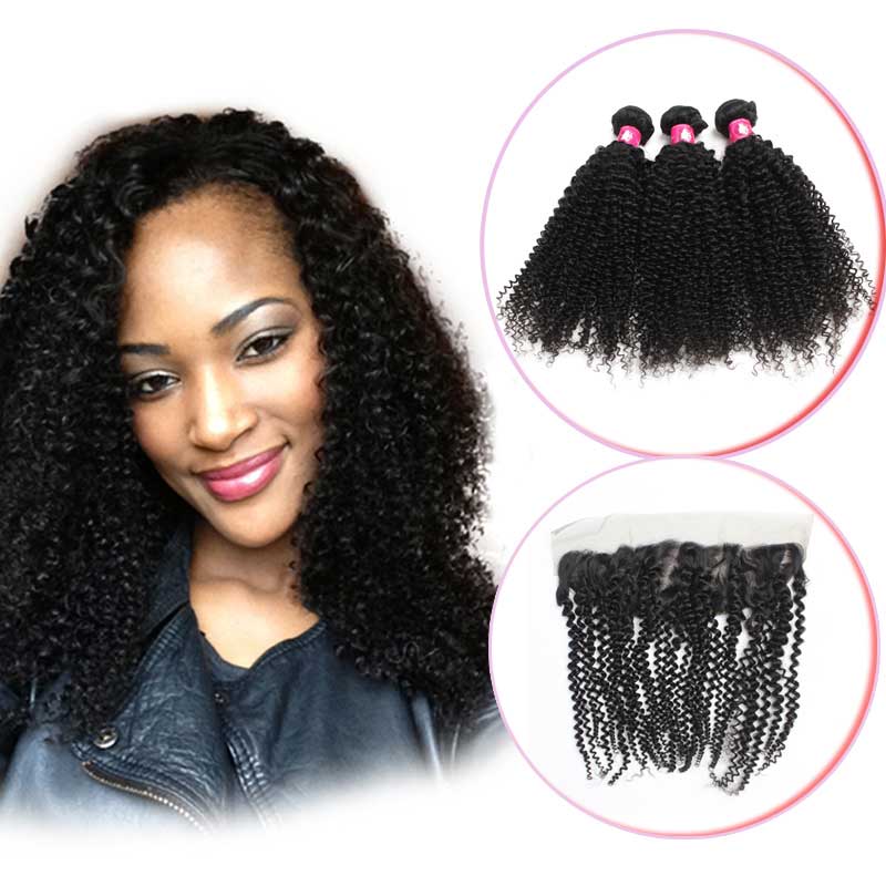 Forawme Bundles With Closure Brailian Human Hair Kinky Curly Bundles With 13X4 Lace Frontal