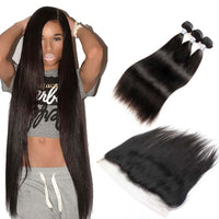 Forawme Bundles With Closure Brazilian Straight Hair 3/4 Bundles With Lace Frontal 13X4/6 Closure