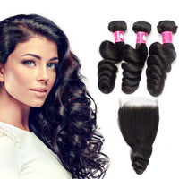 Forawme Bundles With Closure Brazilian Virgin Hair Loose Wave Bundles With 4X4 Lace Closure