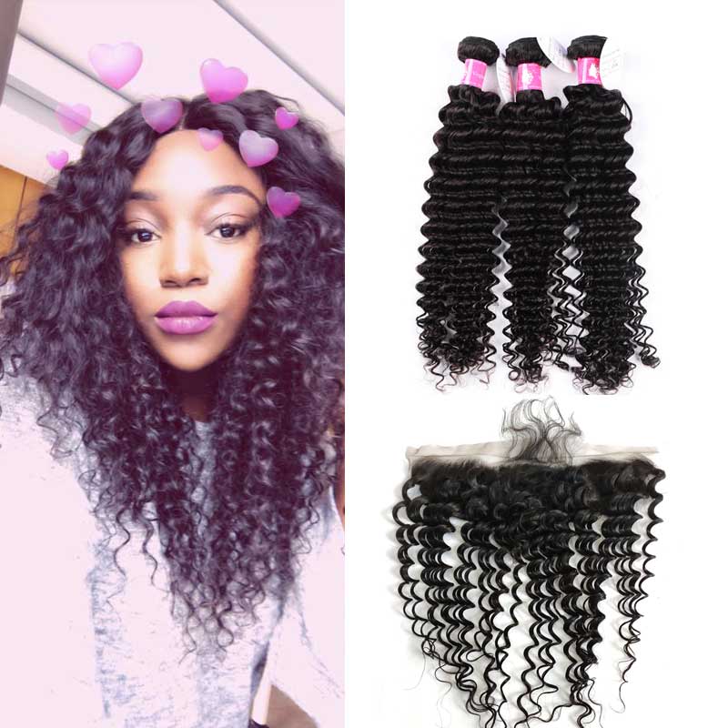 Forawme Bundles With Closure Deep Wave Bundles With 13X4 Pre Plucked Lace Frontal Closure