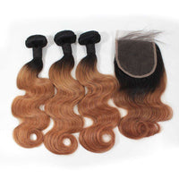 Forawme Bundles With Closure Ombre 1B/30 10A Human Hair Body Wave Bundles With Top Closure Free Part Ombre Remy Hair