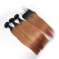 Forawme Bundles With Closure Ombre 1b/30 Straight 10A Hair 3 Bundles With 1 Piece Top Closure Free Part Ombre Ash Brown