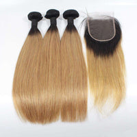 Forawme Bundles With Closure Ombre Hair 1B/27 Blonde Hair Bundles With Closure Dark Root Hair Straight Human Hair