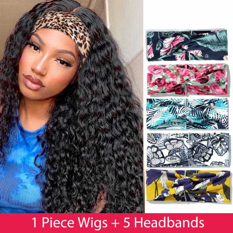 LaceClosureWig HeadBand Wigs 10 Inch / Water Wave Headbands Wig Human Hair  Wrap Trendy Headband Wig
