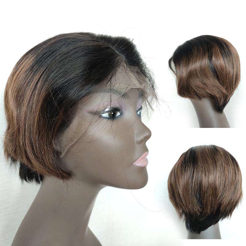 Forawme Pixie Wigs 8 Inch Pixie Human Hair Wigs Ombre 1b/30 Brown Lace Front Wigs Straight Africa American Wigs